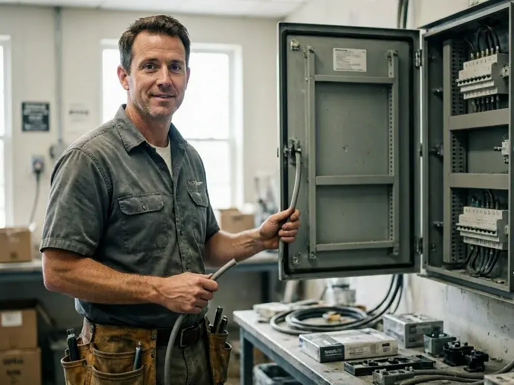Electrician holds a cable beside an open electrical control panel in a workshop