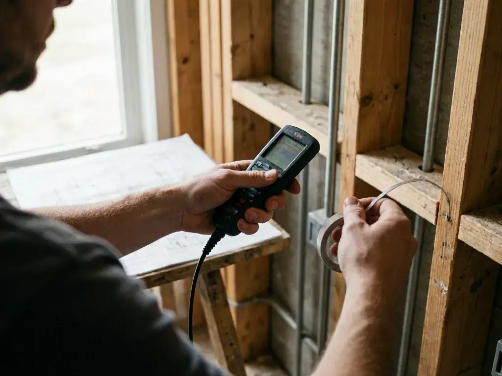 Worker uses a handheld tester to measure a wire inside a wall frame