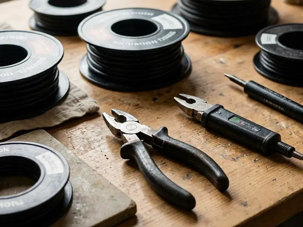 Pliers and screwdriver rest on a worn workbench beside black wire spools
