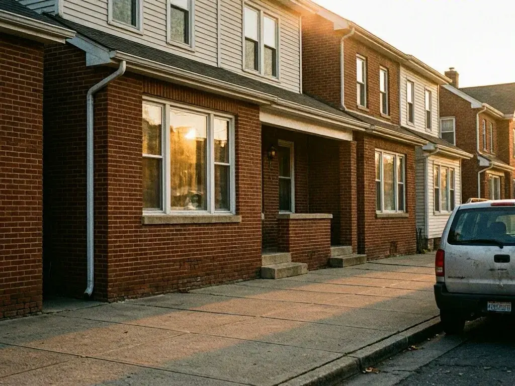 Sunlit row houses along a quiet sidewalk beside a parked white SUV