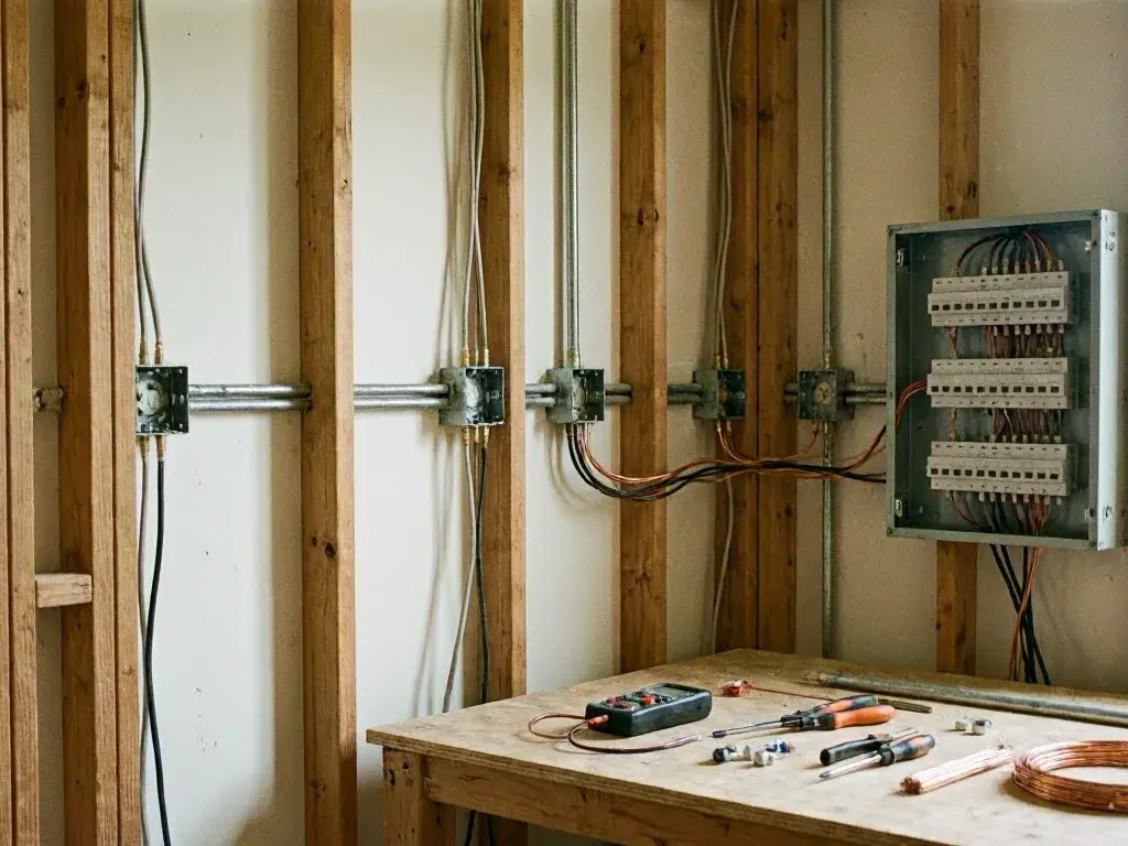 An unfinished room shows exposed wall studs, electrical wiring, and a breaker panel above a workbench with tools