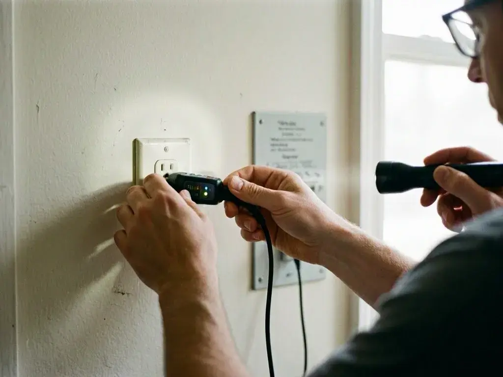 Person testing a wall outlet with a plug-in meter beside a bright window