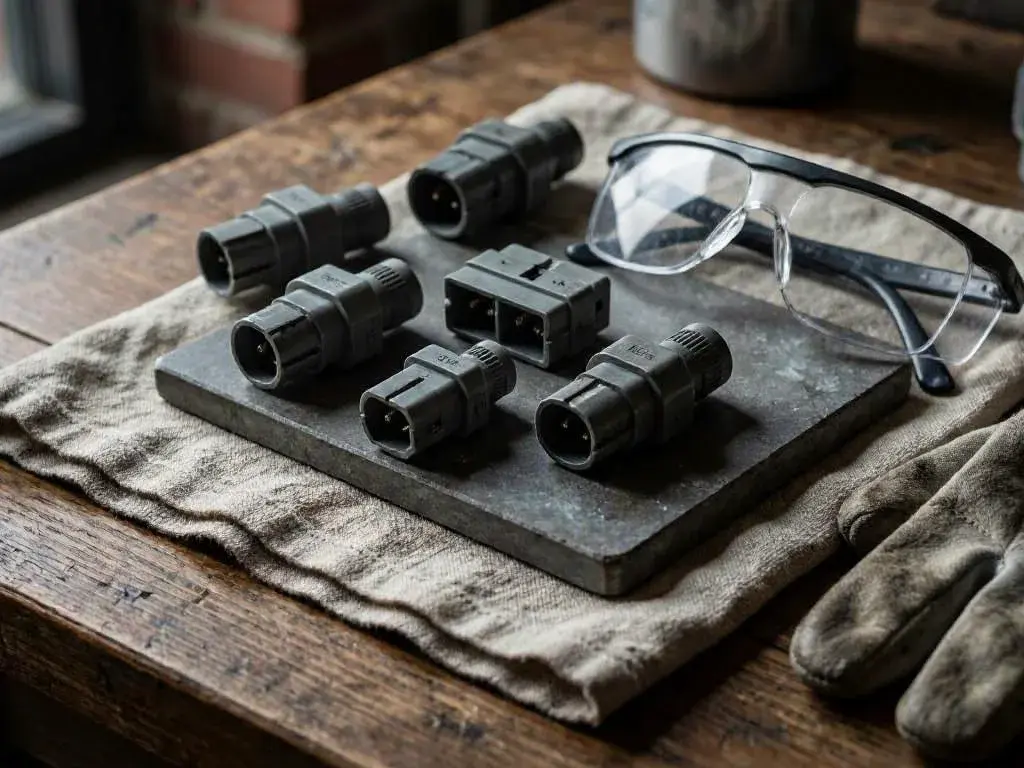 Black electrical connectors, safety glasses, and work gloves on a worn wooden