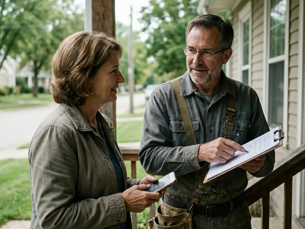 Man writing on a clipboard while speaking with a woman on a residential porch