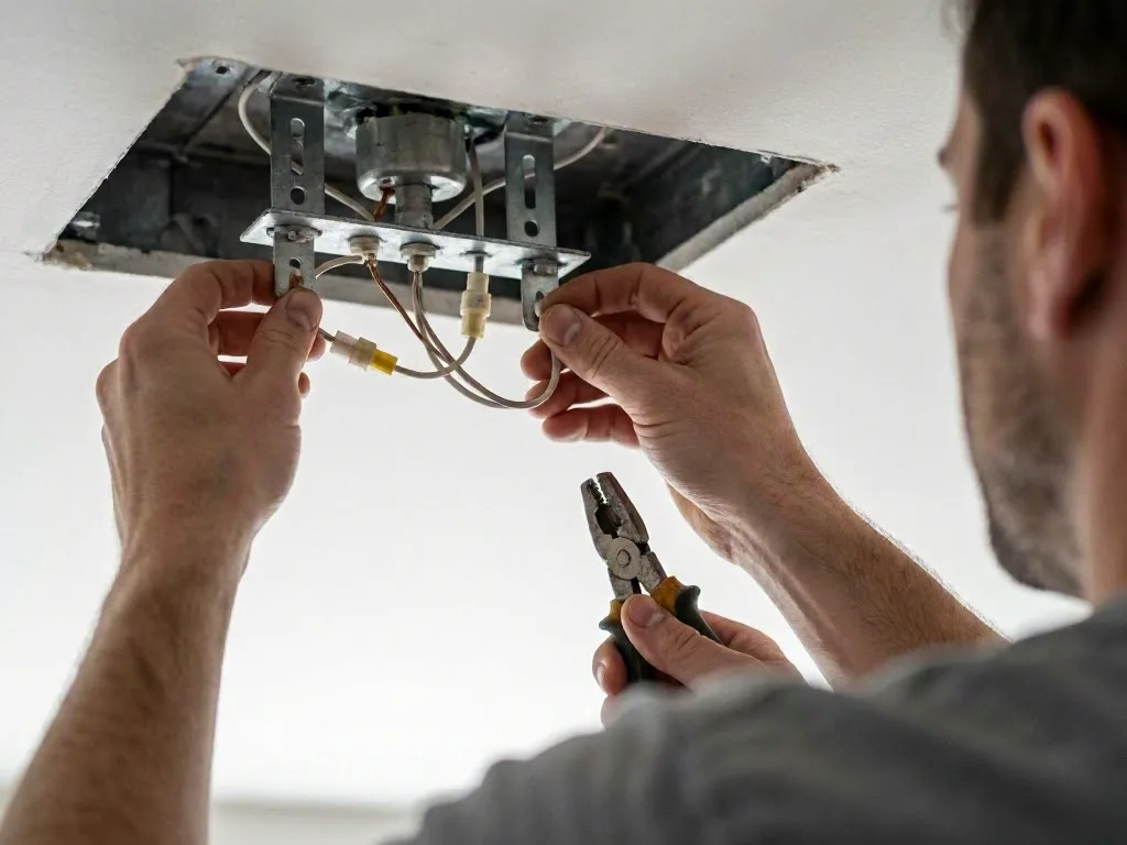 Man wiring a ceiling light fixture with pliers through an unfinished ceiling