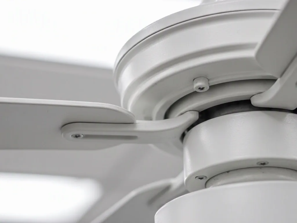 Close-up of a white ceiling fan motor and blades against a plain background