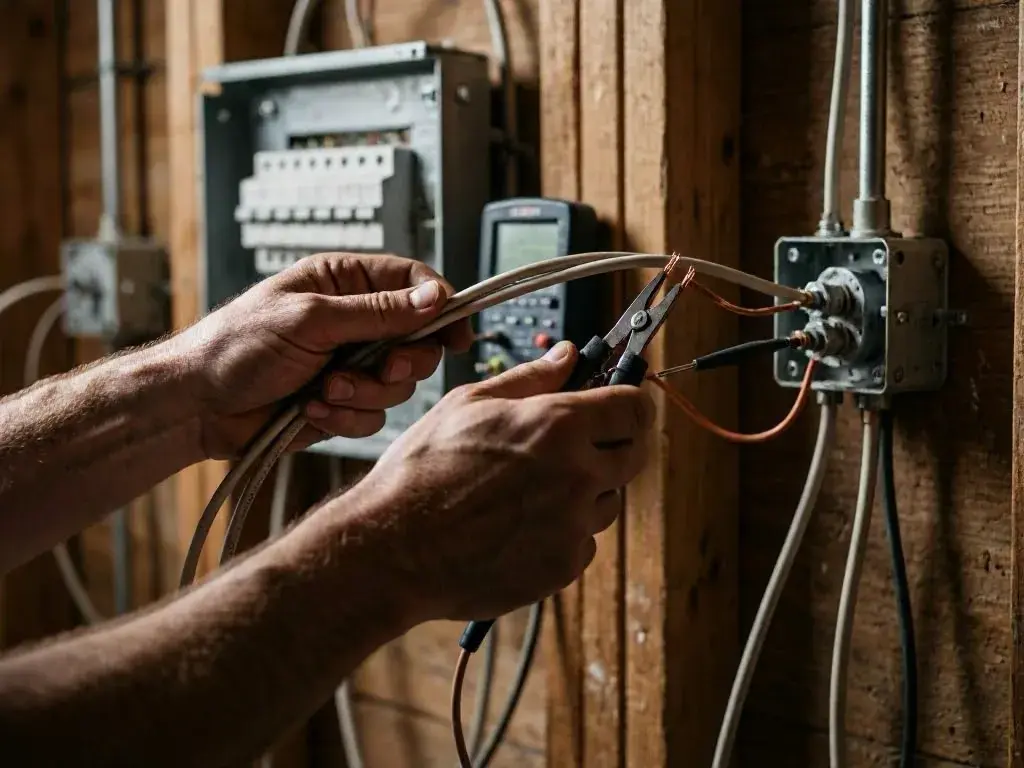 Worker installing a wall outlet in a Hamilton home