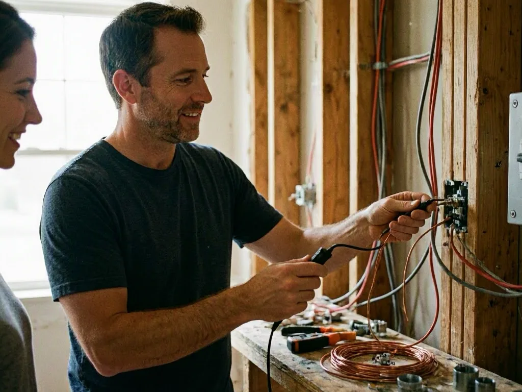 Worker inspecting outdoor service wiring after rain
