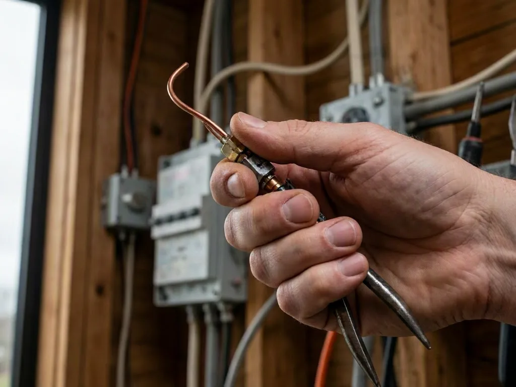 Hand holding a welding tool beside electrical boxes and wiring inside an