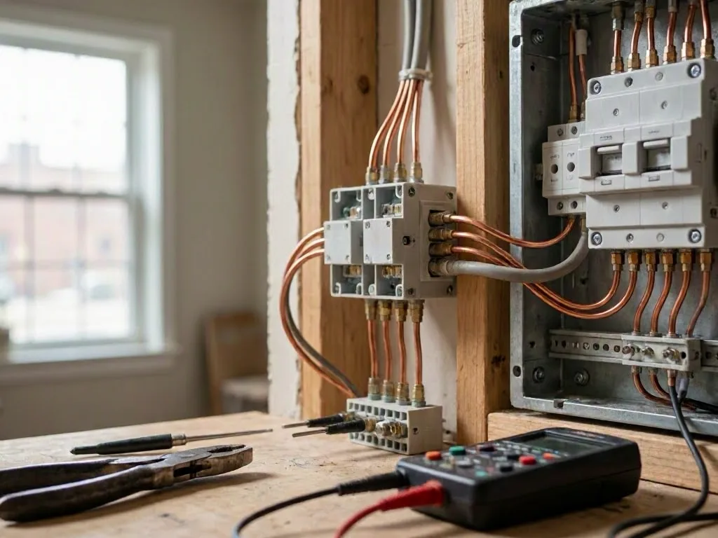 A man tests wiring with a meter while a woman watches inside a wood-framed workroom