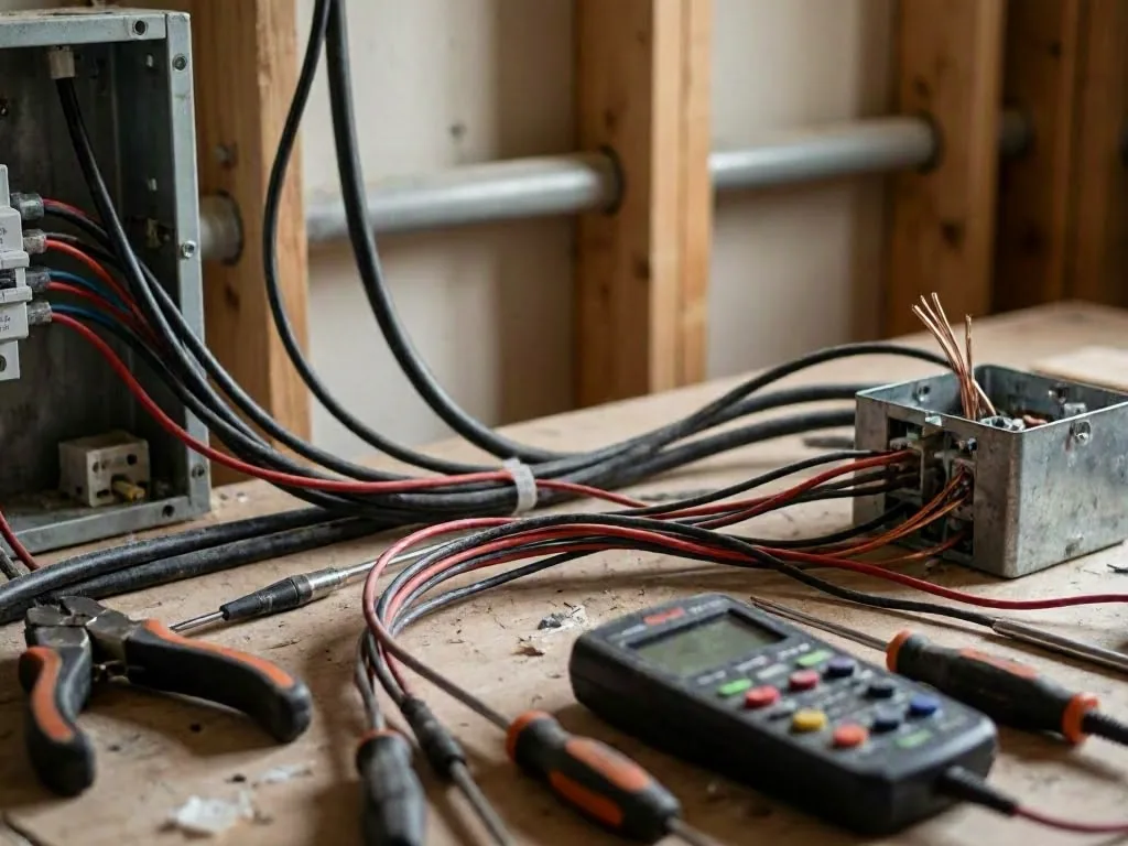 Tools, wires, and electrical boxes are spread across a wooden workbench in a construction area
