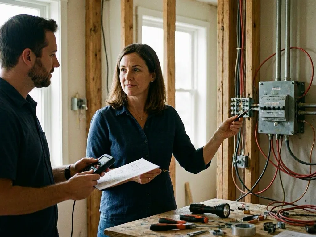 Technician tracing a circuit beside a shop panel