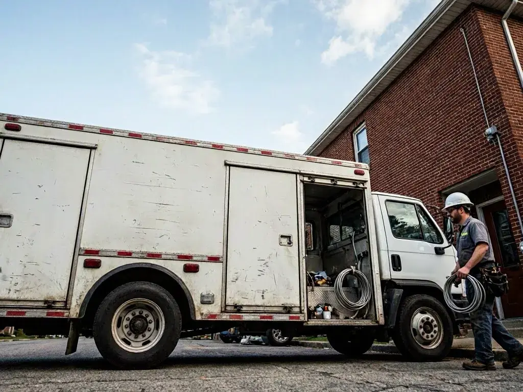Worker in a hard hat carries coiled hoses beside a white utility truck near a