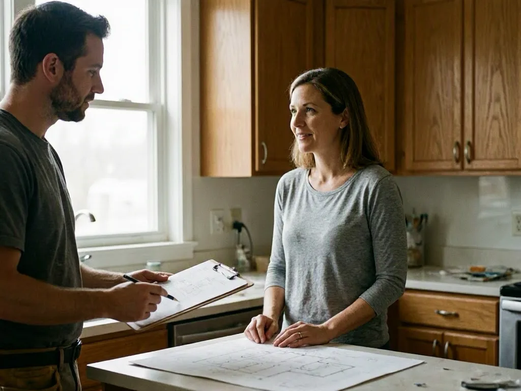 Man and woman review house plans together in a bright kitchen