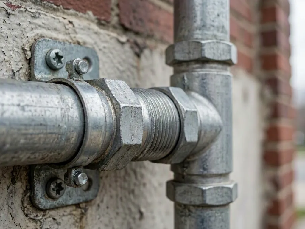 Close-up of metal pipes and threaded fittings attached to a brick wall outdoors