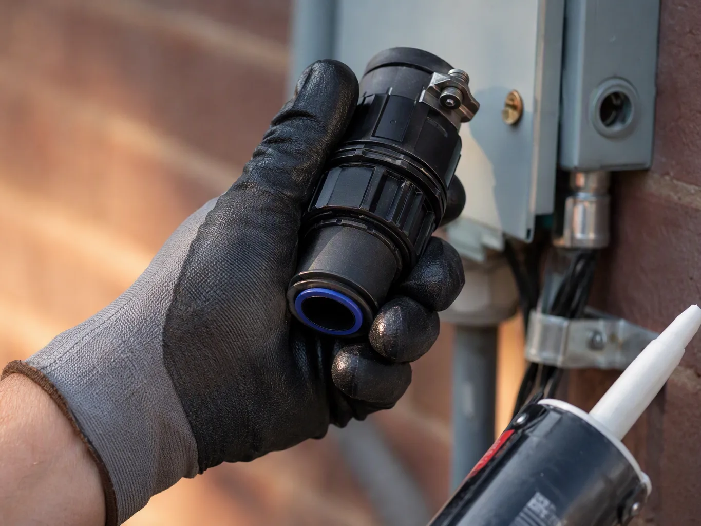 A gloved hand holds a black electrical cable connector beside an outdoor utility box and wall-mounted wiring