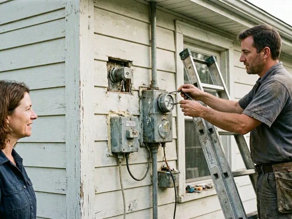 A man adjusts an exterior electrical meter on a house while a woman watches nearby