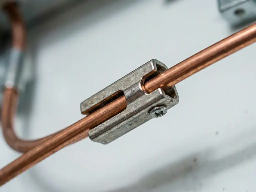 Copper wire passing through a small metal connector inside an electrical device