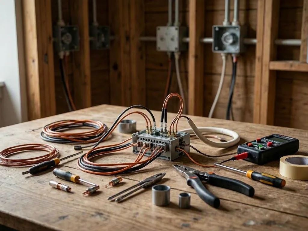 A workbench holds wiring, tools, and an electrical control box inside a framed wall under construction