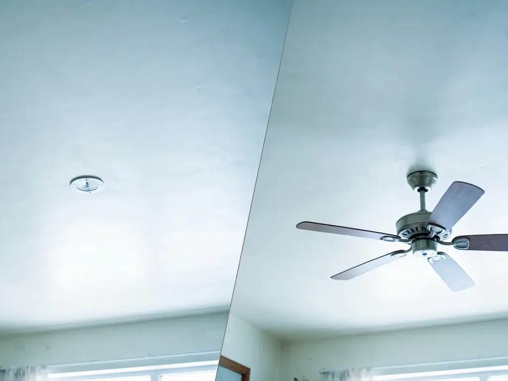 Split view showing a ceiling fan and bare ceiling fixture