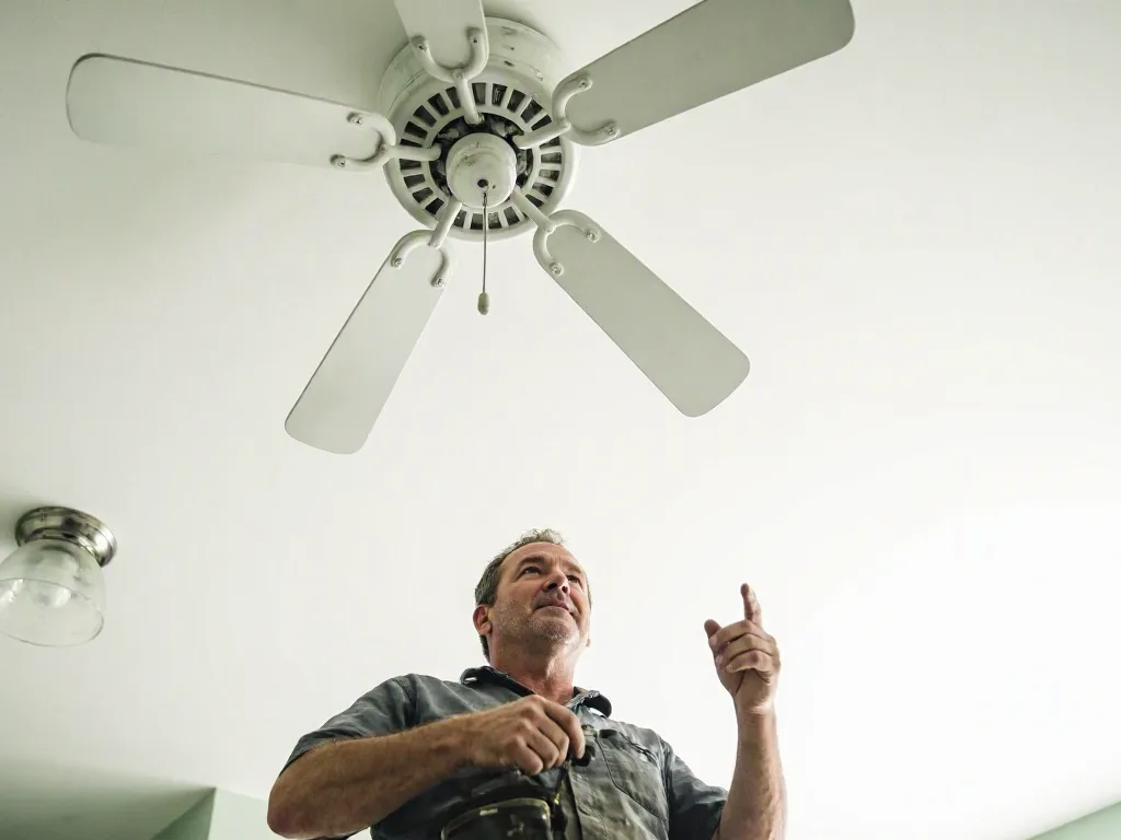 Worker installing a ceiling fan in a Reading home