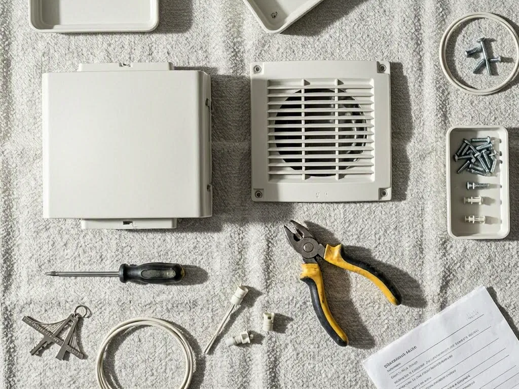 Flat-lay of vent parts, screws, tools, and instructions arranged on a textured
