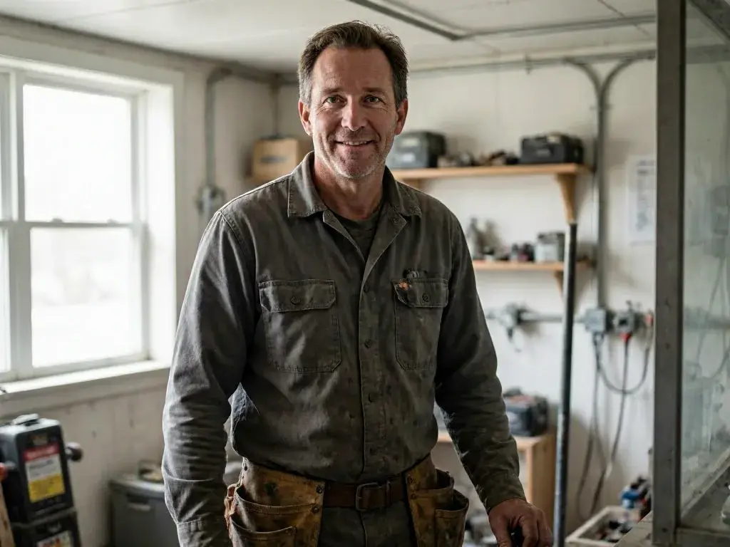 Smiling electrician standing in a bright garage workshop beside shelves and