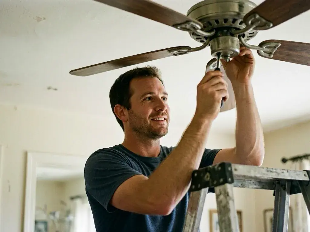 Man tightening a ceiling fan while standing on a ladder in a bright room