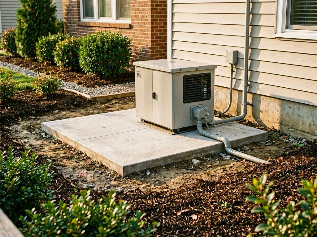 A beige outdoor generator sits on a concrete pad beside a house with shrubs and mulch nearby