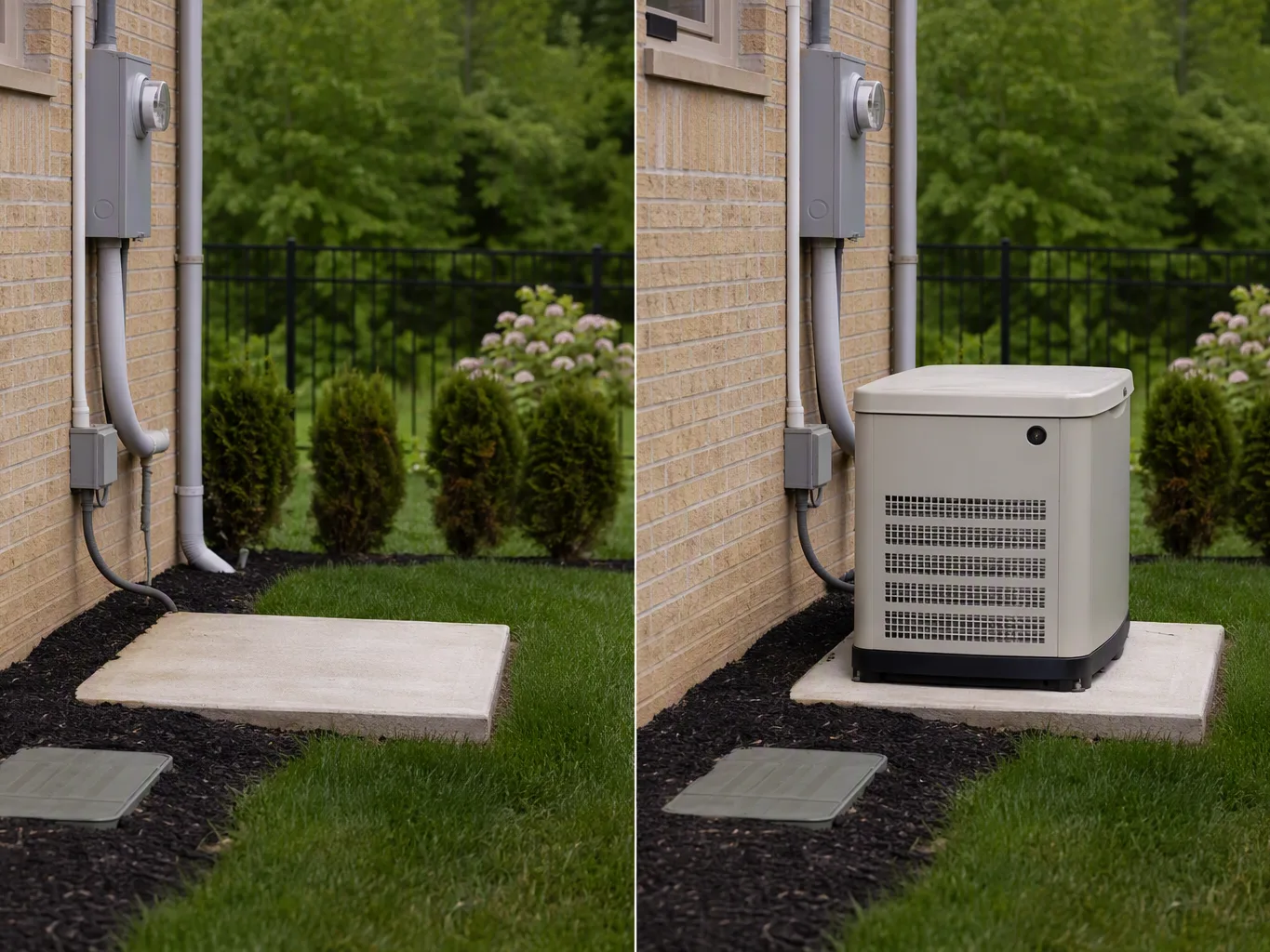 Split view shows a backyard beside a brick house, with an empty pad on the left and a generator on the right