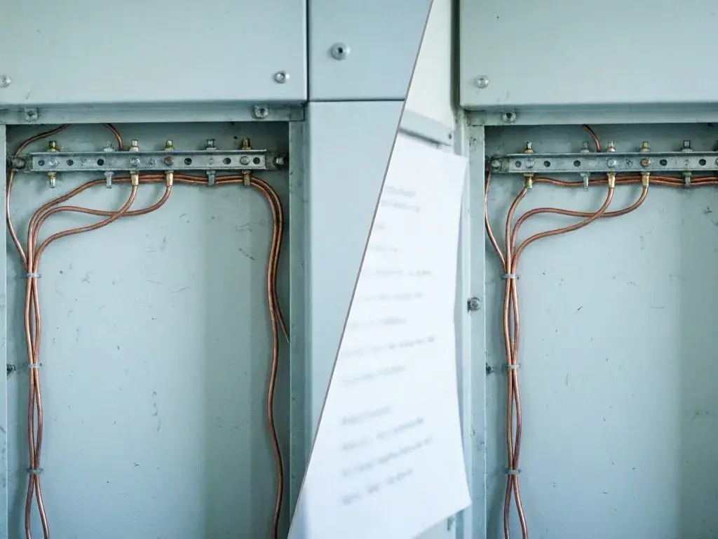 Open electrical panel showing copper wiring and internal electrical connections