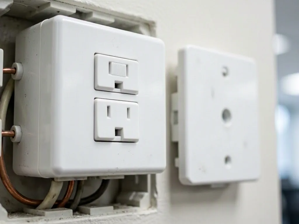 White wall outlet box with exposed wires and a blank cover plate