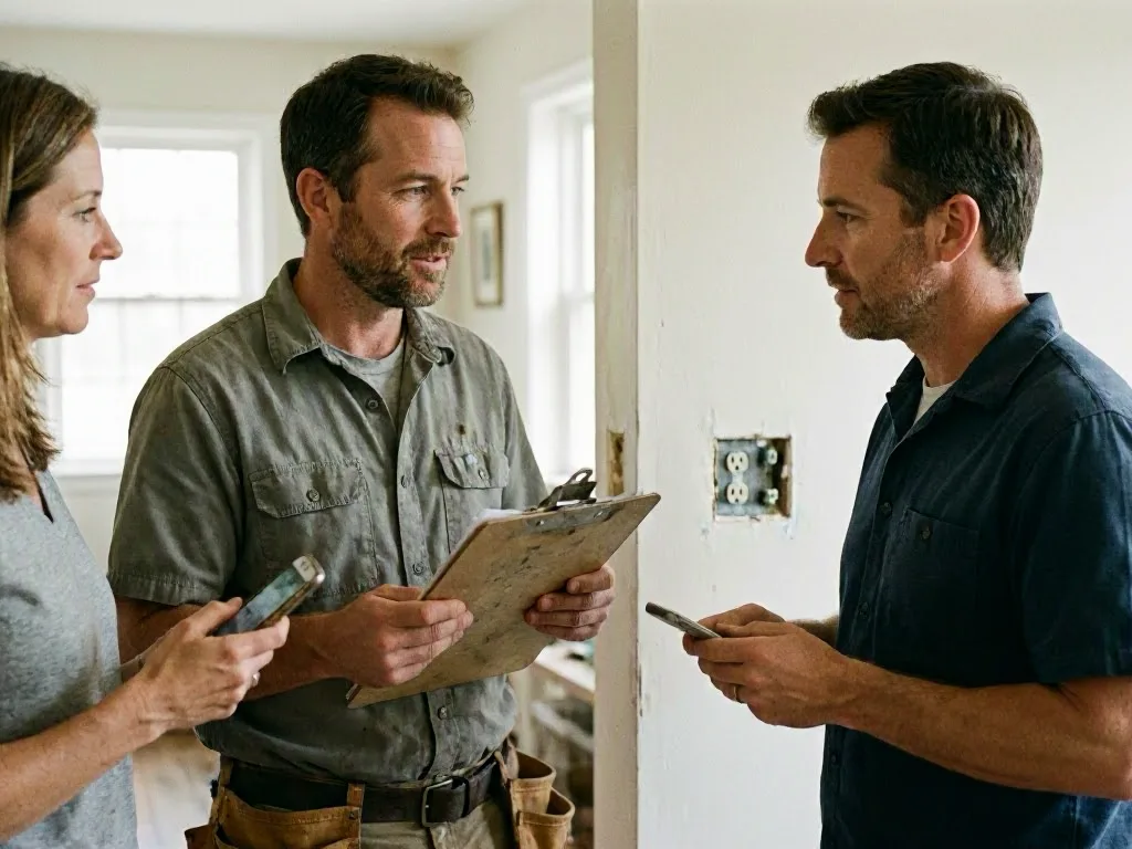Three adults discussing electrical work while one holds a clipboard and two