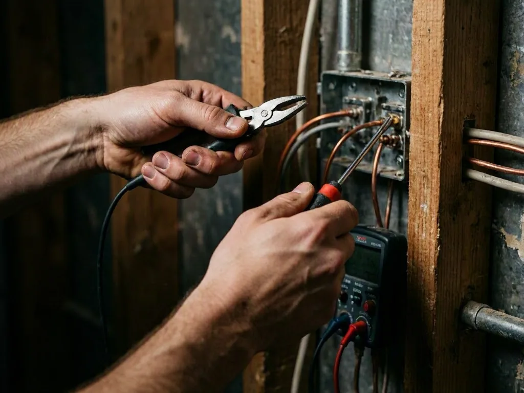 Hands using pliers and a screwdriver to test wires inside an open electrical box