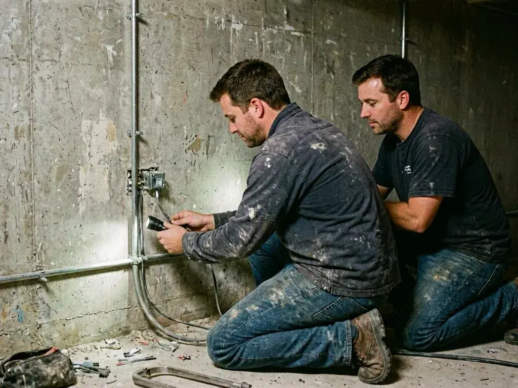 Two electricians inspecting a basement outlet with a flashlight and wiring tools