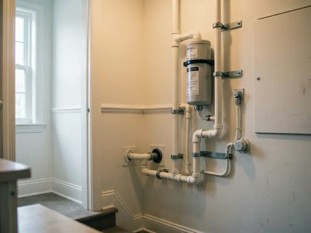 Wall-mounted water filtration system with white pipes in a bright hallway