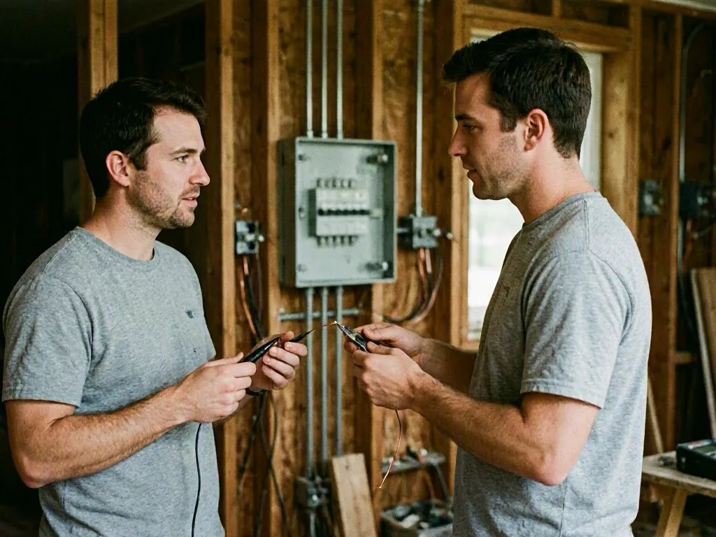 Two workers inspect electrical wires inside a wooden construction site room