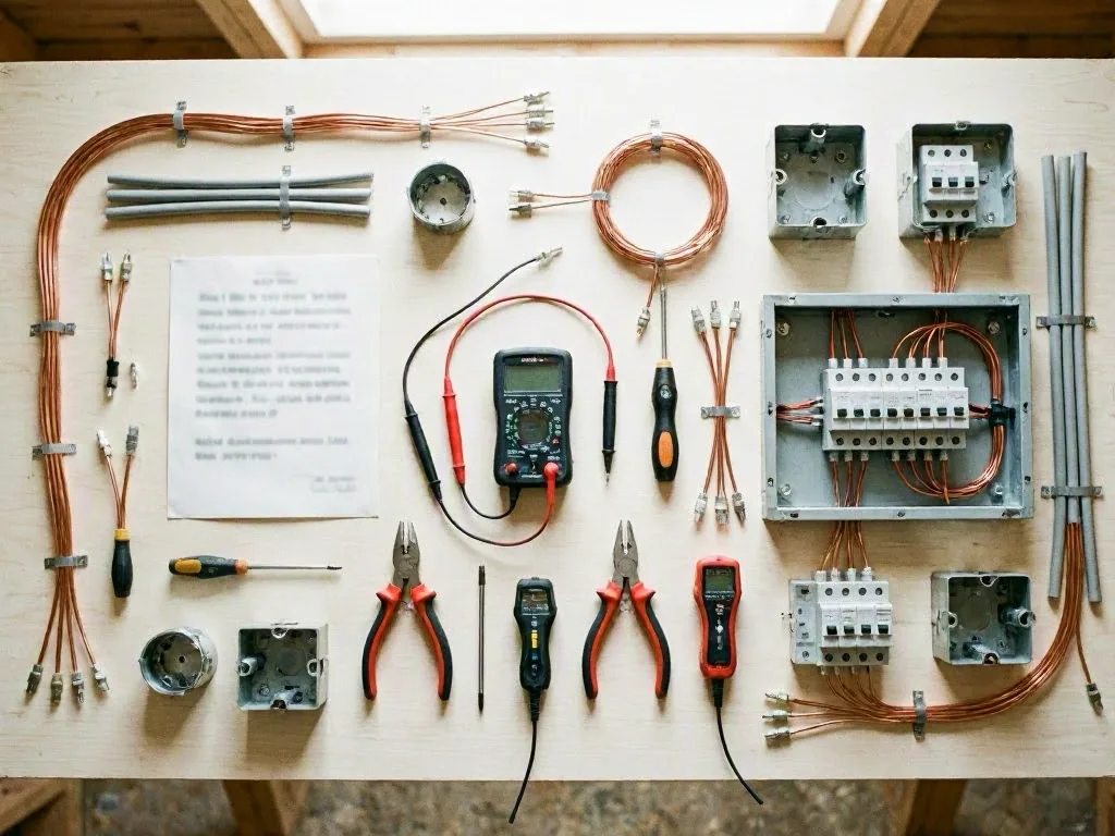 Electrical wiring components, switches, meters, pliers, and cables arranged