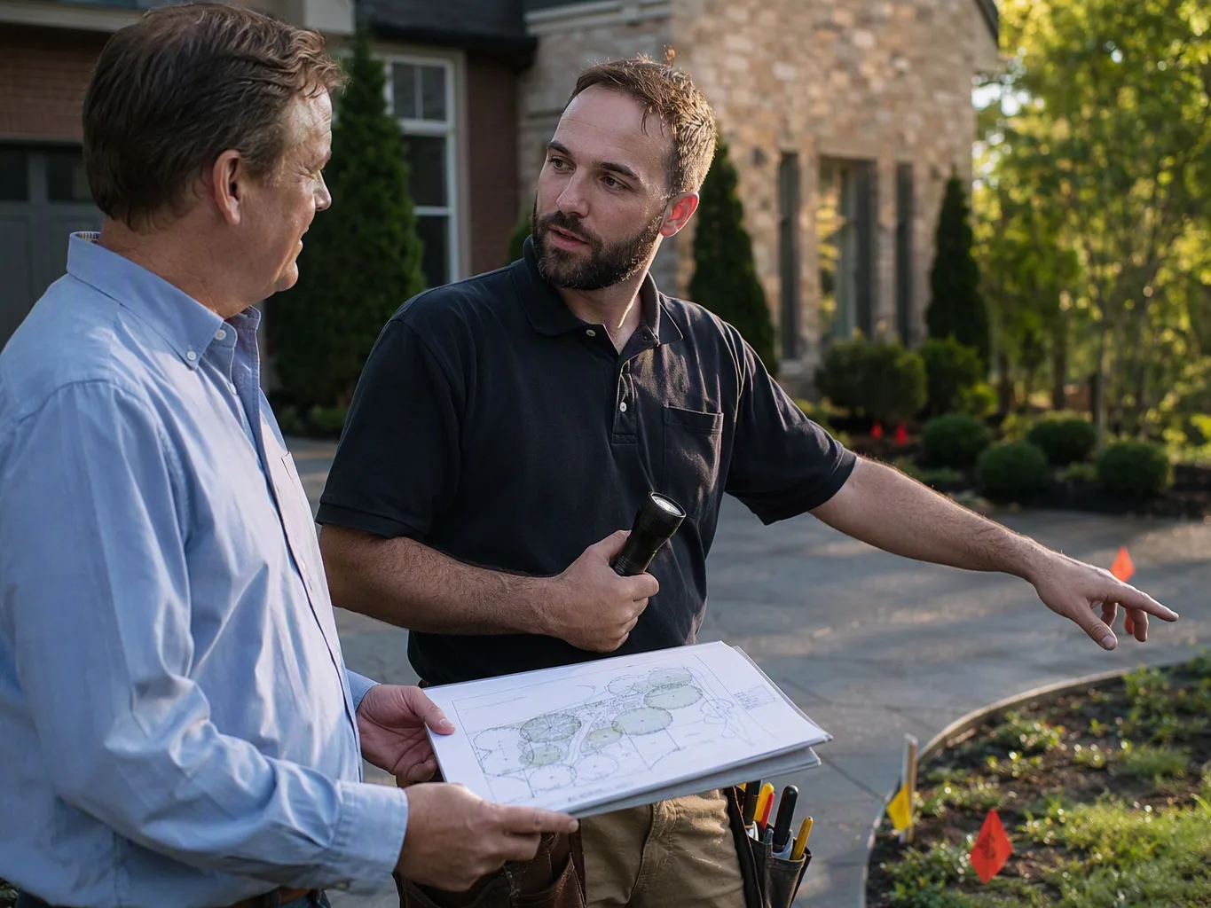 Two men discuss a landscaping plan outside a house, with a flashlight and