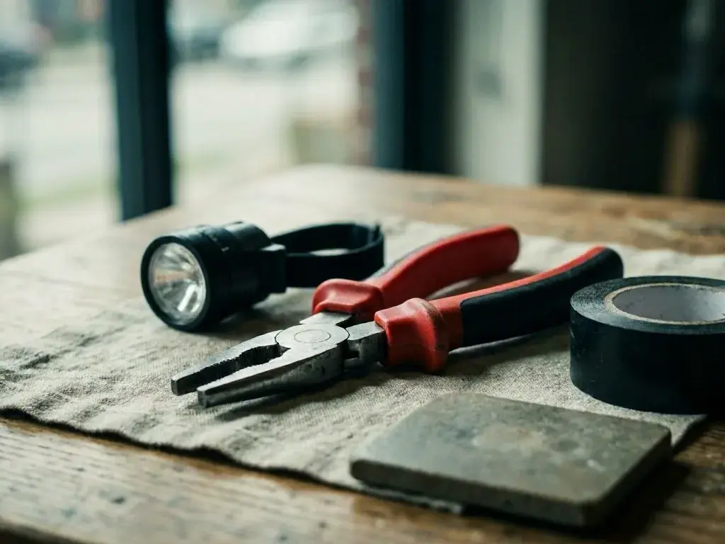 Flashlight, pliers, tape roll, and sharpening stone arranged on a worn workbench