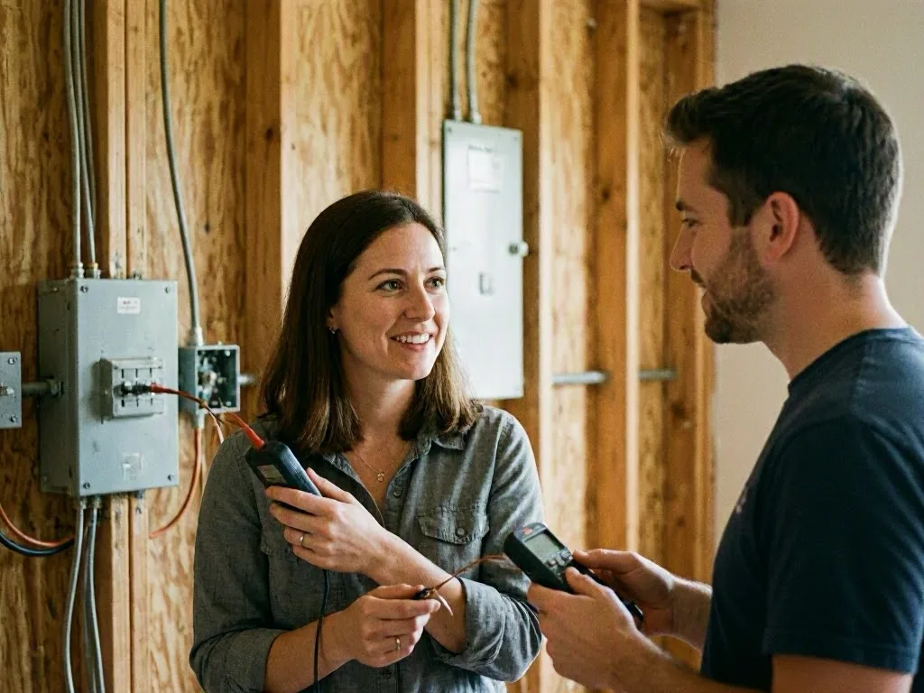 Technician installing a GFCI outlet in a kitchen