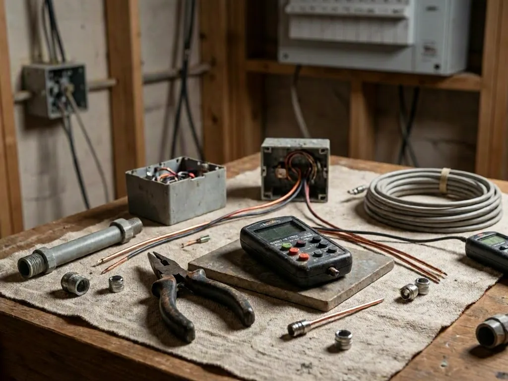 A cluttered workbench holds pliers, wires, metal fittings, and electrical boxes in a workshop
