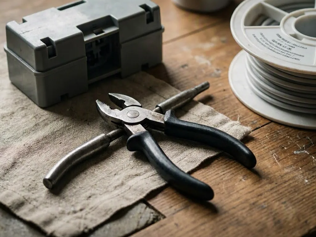 Pliers rest on a cloth beside a gray box and a white spool on a wooden table