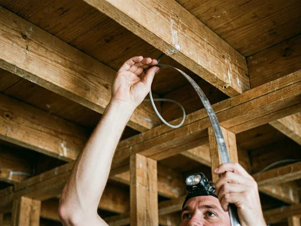 A man wearing a headlamp pulls a flexible cable through exposed wooden beams in a crawlspace