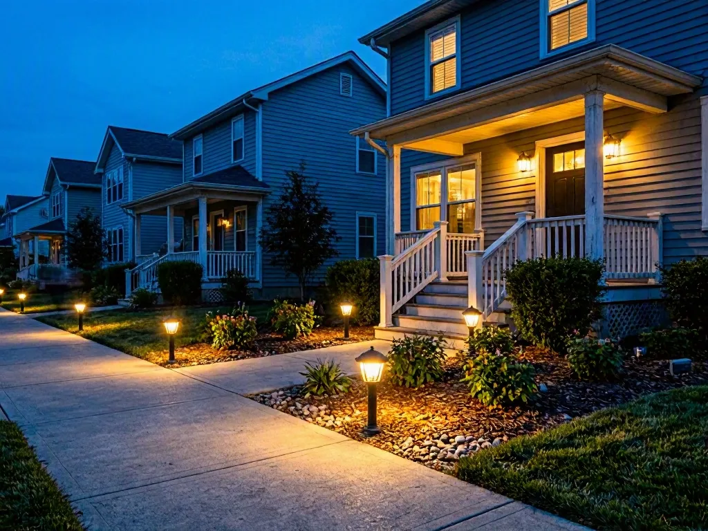 Row houses line a lit sidewalk at dusk, with glowing porch lights and small front gardens