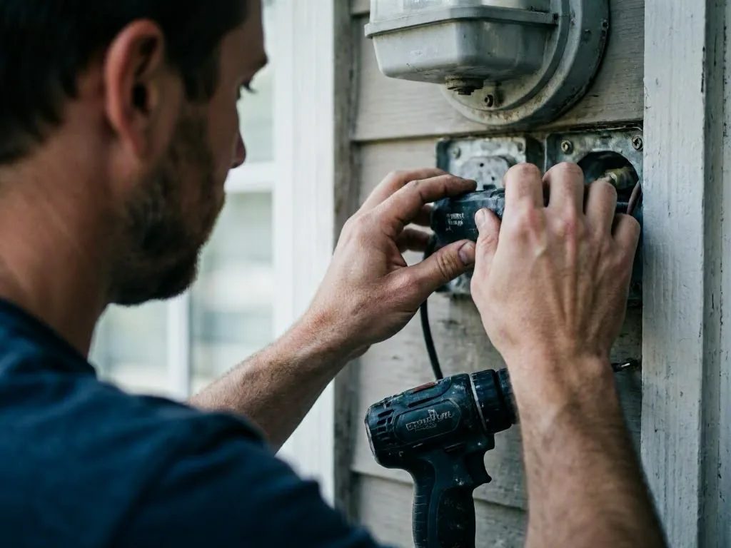 A man installs a black power tool on an outdoor house wall near an electric meter