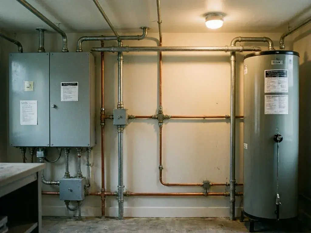 Utility room with gray control boxes, copper pipes, and a tall water heater