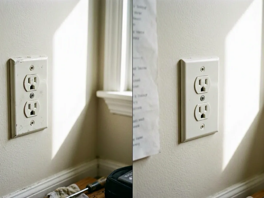 A split view shows a wall outlet beside a sunlit window and baseboard on a beige wall