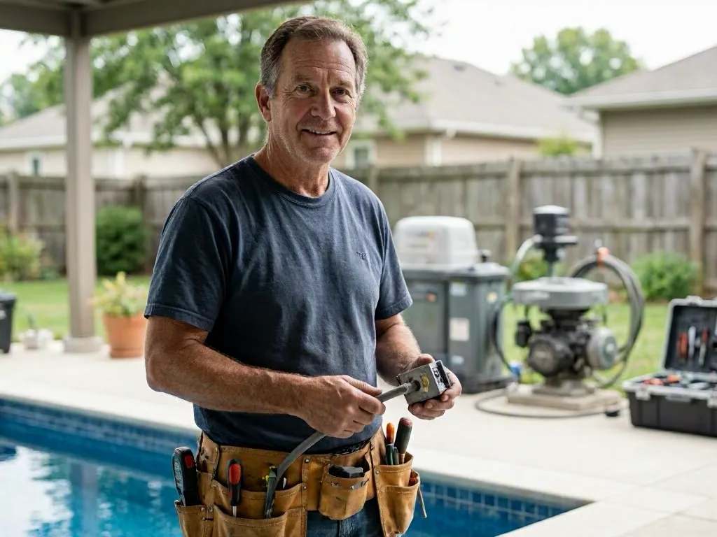Technician checking an outdoor meter base beside a house