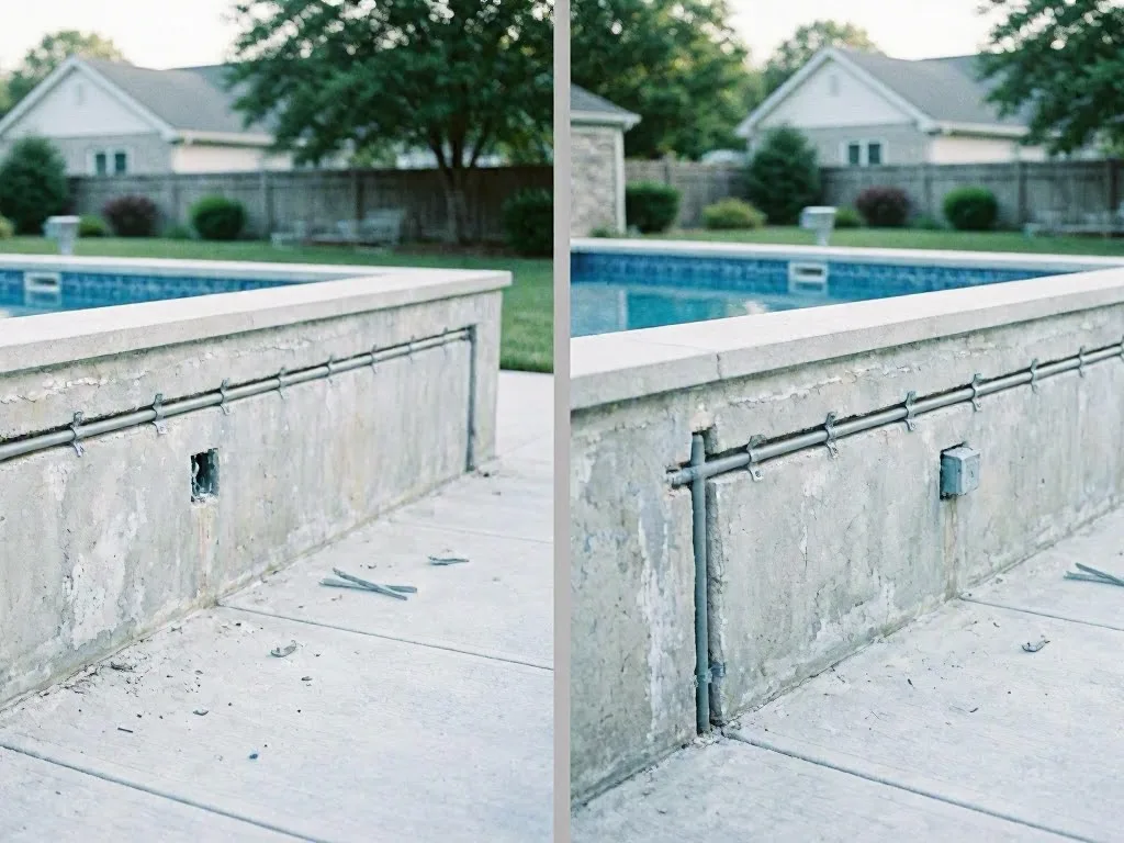 A split view shows a backyard pool wall with exposed pipes and a small utility box on concrete decking